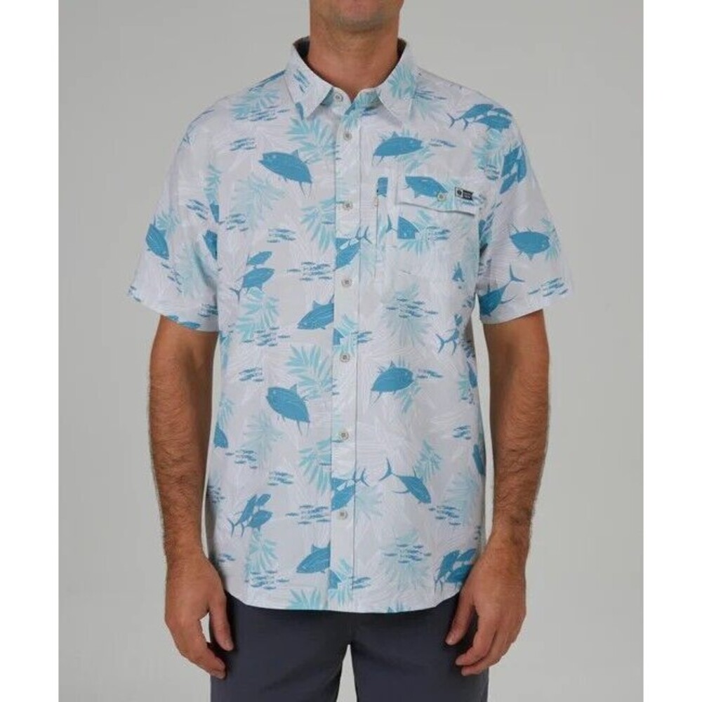 Salty Crew Men's Feeding Frenzy Gray S/S UV Woven Button-Up Size L MSRP $72